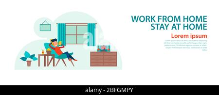 banner of cartoon version of working home and stay home with flat design Stock Vector