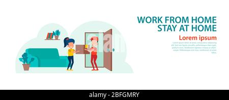 banner of cartoon version of working home and stay home with flat design Stock Vector