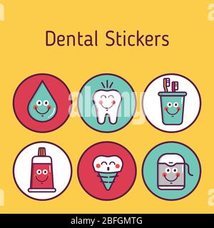 Dental hygiene for child - icons brushes in glass, teeth, toothpaste, water, denture implant Stock Vector