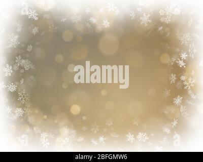 Abstract Christmas gold background with white frame and copy space. Gold abstract mesh background. Snowflakes border on blurred bokeh gold template Stock Vector