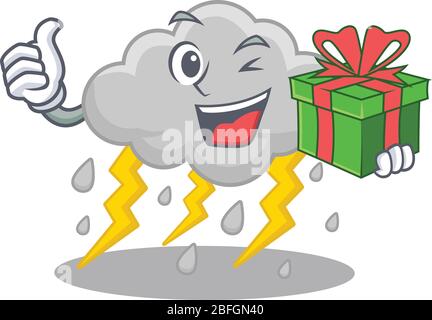 Smiling cloud stormy cartoon character having a green gift box Stock Vector