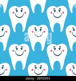 Vector dental seamless pattern cute white teeth on the light blue background Stock Vector