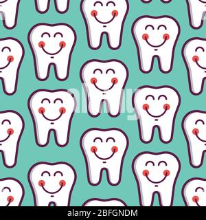 Vector dental seamless pattern cute smiley white teeth on the light blue background Stock Vector