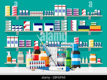 Modern interior of pharmacy. Medicine pills capsules bottles vitamins and tablets. Drugstore showcase. Shelves with medicines. Medical drug, vitamin, antibiotic healthcare. Flat vector illustration Stock Vector