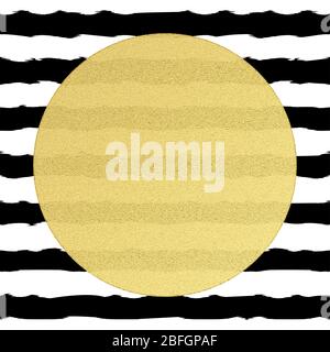 Golden round circle label with volume structure on black and white stripes background. EPS 10 Stock Vector