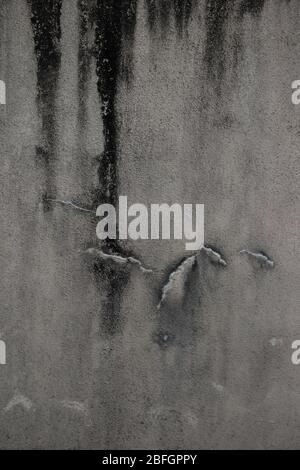 Close-up of dark stains and irregular markings on an exterior stucco wall, creating a spontaneous abstract composition. Good background material. Stock Photo