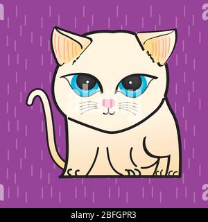 Cat Illustration clipart. A light coloured cat has a round blue eyes. It is on a purple background. Hand draw art. Stock Vector