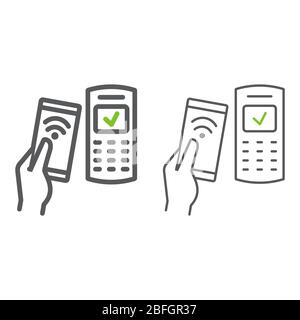 Mobile payments using smartphone color line icons, banking and payment, contactless terminal payment sign, vector graphics, a linear icon on a white Stock Vector
