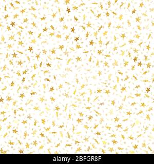 Seamless gold star confetti rain festive pattern effect. Golden volume stars falling down isolated on white background. EPS 10 Stock Vector