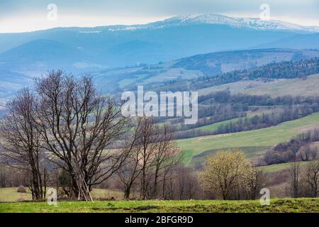 View of the mountain slopes in an early spring morning. Beautiful nature landscape. Carpathian mountains. Ukraine Stock Photo