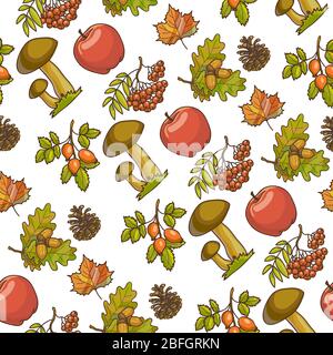 Ripe apples, mushrooms and rowanberry, autumn seamless pattern Stock Vector