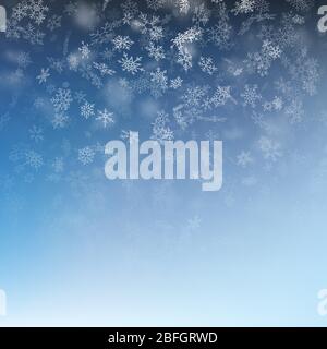 Snowflake flying, card or banner with snow elements, flakes confetti scatter. Cold weather winter symbols. EPS 10 Stock Vector