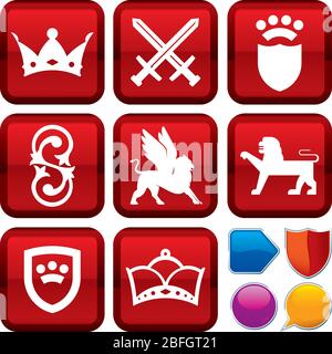 Vector illustration. Set of medieval icons on square buttons. Geometric style. Stock Vector