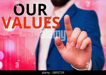 Text sign showing Our Values. Business photo showcasing things that you believe are important the way you live and work Stock Photo