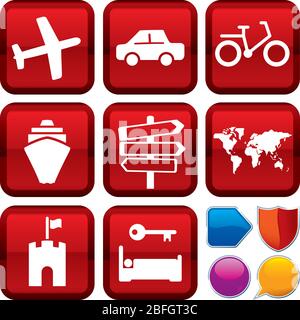 Vector illustration. Set of travel icons on square buttons. Geometric style. Stock Vector