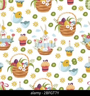 Woven basket with gathered food and flower for easter holiday celebration seamless pattern. Container with painted eggs, cake with topping, foliage. C Stock Vector