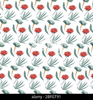 Roses and floristic bouquets, nature foliage seamless pattern Stock Vector