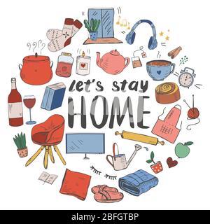 Template with hand drawn doodle style home related objects. Cozy and comfortable Stock Vector