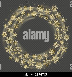 Golden wreath of snowflakes. Celebration of Christmas and New Year frame overlay effect. Happy Holidays template. EPS 10 Stock Vector