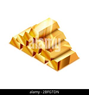 Large heap of realistic glossy golden bars in isometric view on white Stock Vector