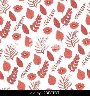 Tree leaves and flowers, seamless pattern of flora Stock Vector