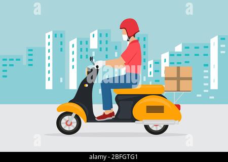 Delivery man on a motorcycle with a protective mask and gloves holding package box. Courier driving a yellow motorcycle with the package Stock Vector