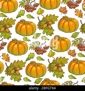 Ripe pumpkin, maple leaves and rowanberry seamless pattern Stock Vector