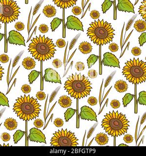 Sunflowers and wheat spikelet, autumn harvesting seamless pattern Stock Vector