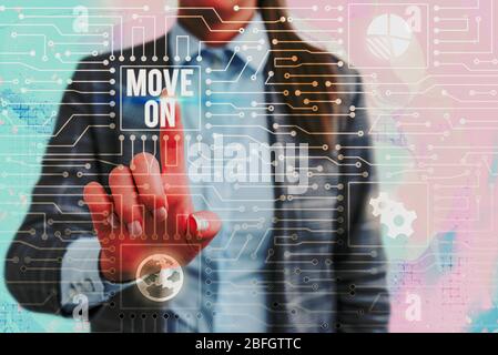 Handwriting text writing Move On. Conceptual photo to leave the place where you are staying and go somewhere else Stock Photo