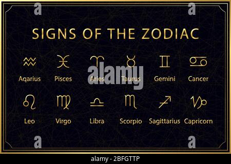 Golden signs of zodiac on dark background. Sacred geometry. Vector stock illustration. Stock Vector