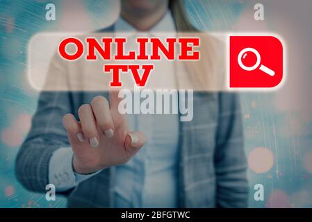 Handwriting text writing Online Tv. Conceptual photo a television production broadcast in realtime as events happen Stock Photo