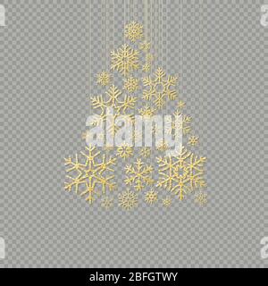 Golden snowflake Christmas tree on transparent background for greeting card Happy New Year. EPS 10 Stock Vector