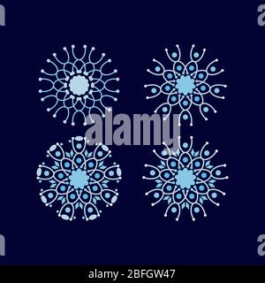 Set of blue monochrome geometric snowflake flower icon. Abstract floral element design. Vector illustration eps 10 Stock Vector