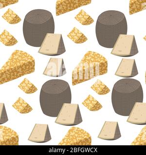 Cheese variety, slices of dairy products seamless pattern Stock Vector
