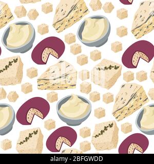Cheese dairy products, diet and nutrition seamless pattern Stock Vector