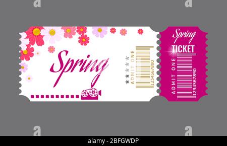 Cinema ticket with spring flowers template. Flat and solid color vector illustration. Stock Vector