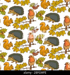 Autumn foliage of rowanberry and animals seamless pattern Stock Vector