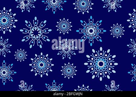 Abstract floral batik fabric design template. Seamless geometric flowers pattern. Blue monochrome stylish graphic design. Tileable vintage ornament. Stock Vector