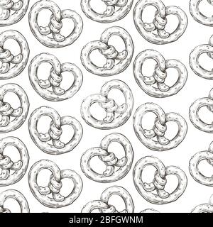 Bretzel traditional german baked food monochrome seamless pattern Stock Vector