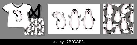 Funny print for baby clothes. Cute pattern with penguins. T-shirt design. Vector illustration.Ready textile design kit.. Stock Vector