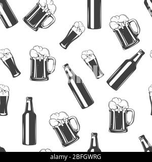 Beer glass and bottle, monochrome seamless pattern Stock Vector