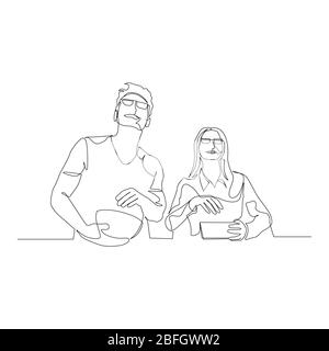 Continuous one line couple watching a movie with 3D glasses. Vector illustration. Stock Vector