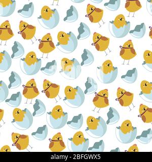 Small chicken sitting in eggshell, newborn creature seamless pattern. Bird with ribbon on neck. Domestic poultry, chick from farm. Agriculture and far Stock Vector
