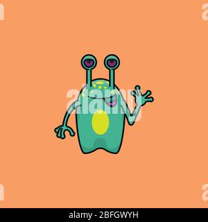 Friendly waving alien cartoon character vector illustration for Alien Day on April 26th. Extraterrestrial being color symbol. Stock Vector