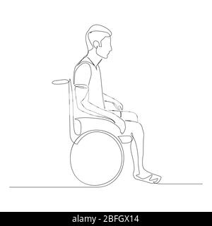 Continuous one line man in a wheelchair. Disabled. Vector illustration. Stock Vector