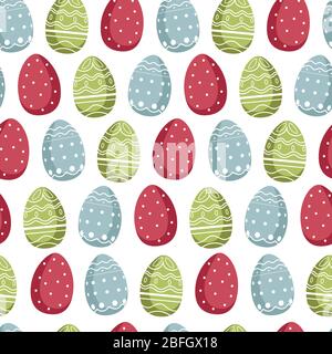 Decorative eggs with ornaments, painted in different colors seamless pattern. Religious holiday celebration, preparation for easter festivity. Seasona Stock Vector