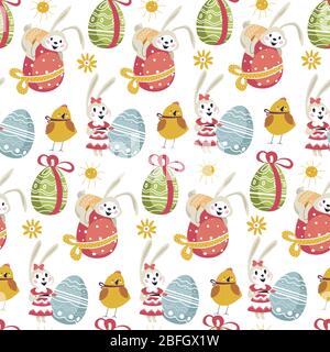 Religious holiday in spring, easter bunny by egg with ornaments and ribbon seamless pattern. Female hare and bird by symbol of festivity. Personages w Stock Vector