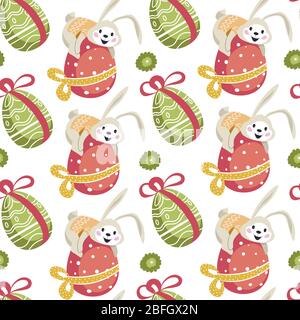 Religious holiday celebration, easter bunny on egg decorated with ribbons and ornaments. Painted eggshell with male and female characters, small hares Stock Vector