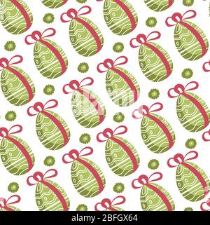 Decorative egg with ornaments and ribbon seamless pattern. Easter christian holiday celebration, symbol of spring event. Painted eggshell and small fl Stock Vector