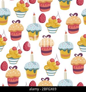 Christian holiday celebration, easter seamless pattern. Bread with topping and candle, decorative painted eggs and cake with cherry. Spring event trad Stock Vector
